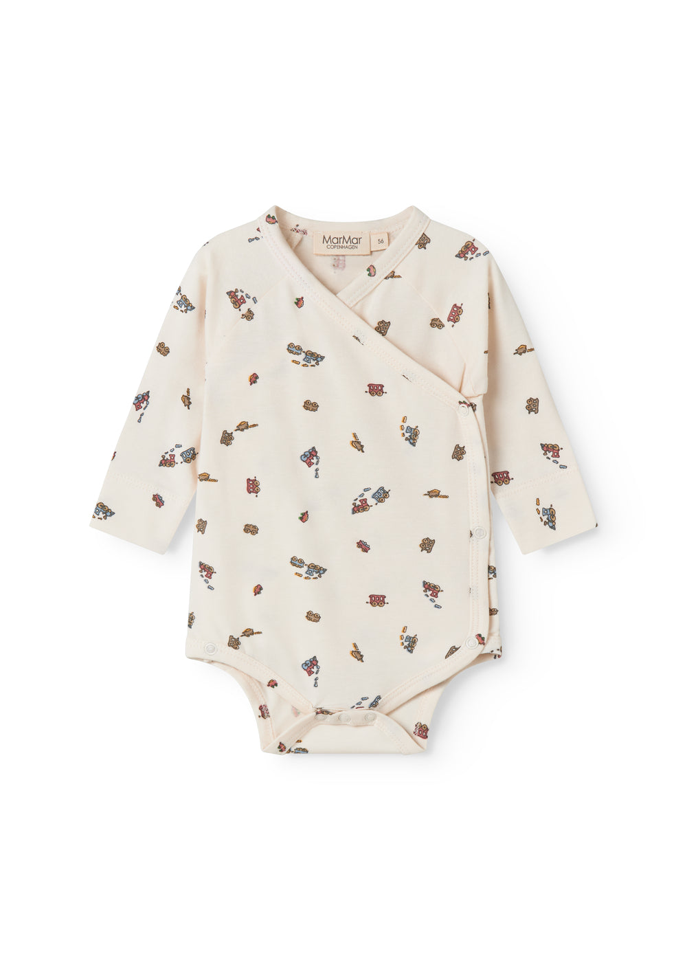 Langærmet bodystocking til nyfødt baby med slå-om-lukning og tog motif