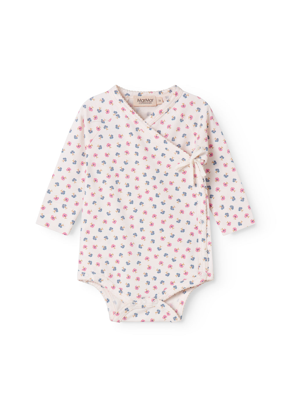 Langærmet bodystocking til nyfødt baby med slå-om-lukning og blomster