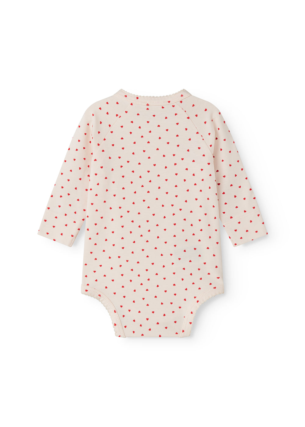 Langærmet bodystocking til nyfødte med slå-om-lukning og hjerte print
