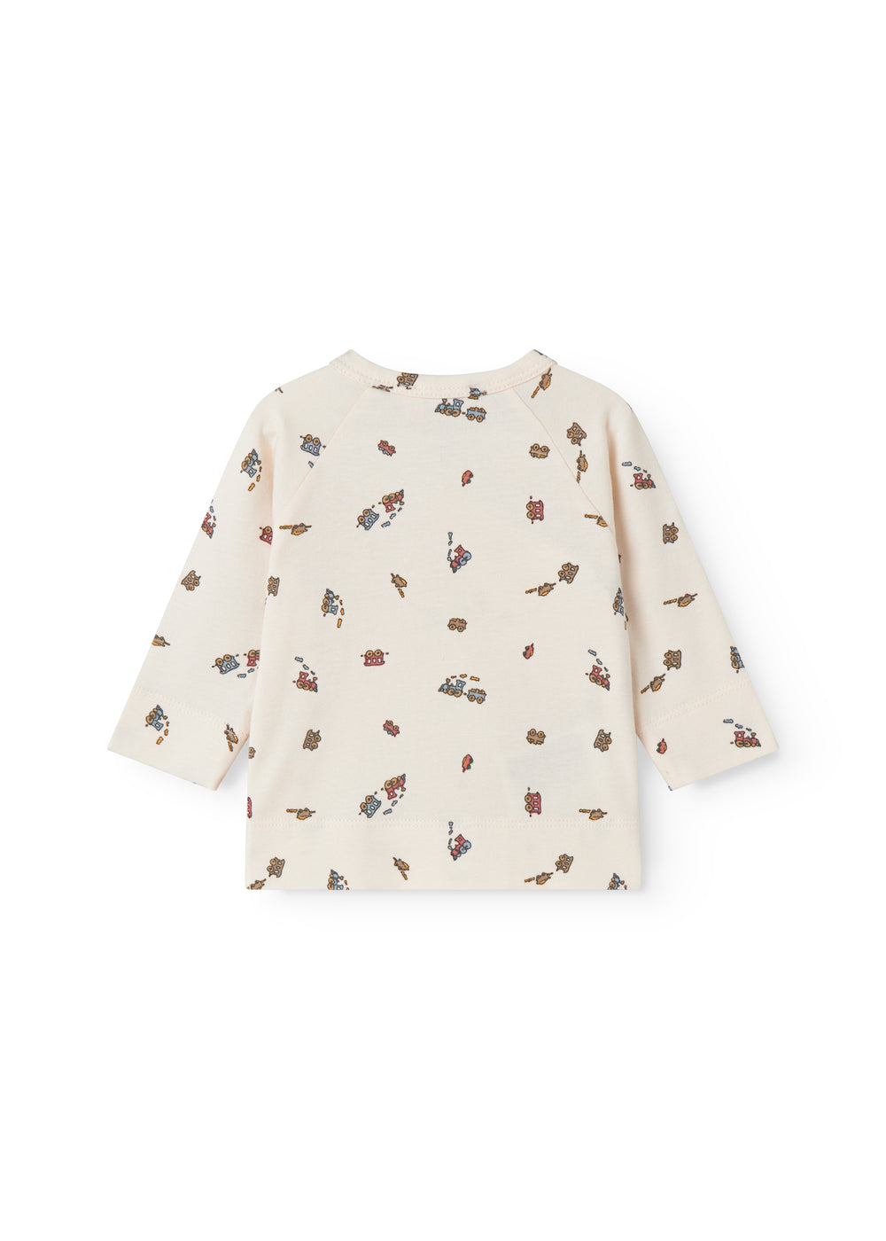 Langærmet bluse til nyfødt baby med slå-om-lukning og togprint