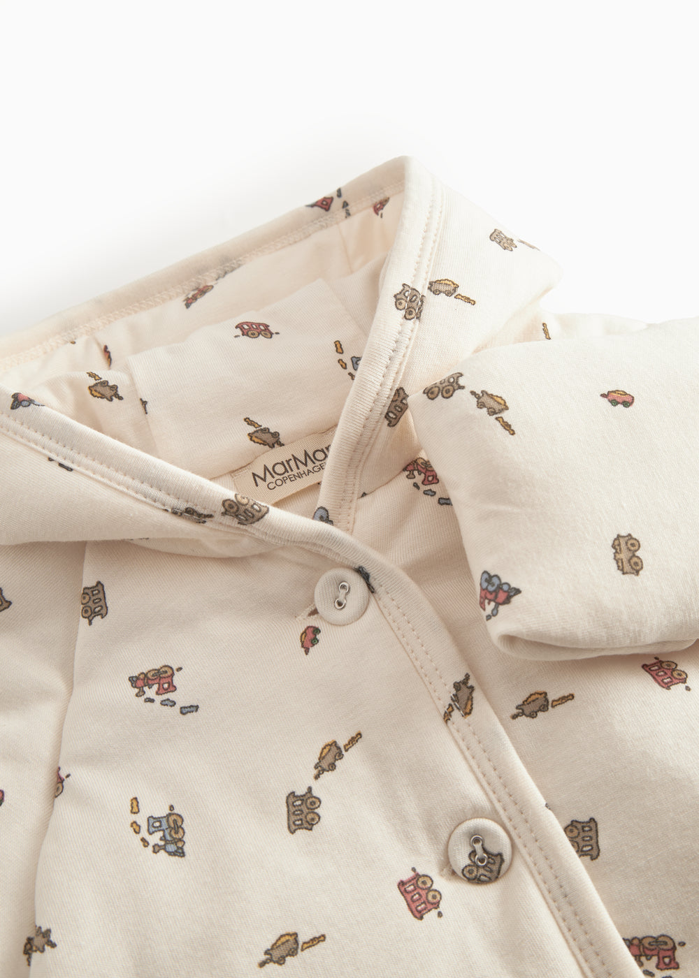 Vatteret jakke til nyfødt og baby med hætte, knaplukning og togmønster