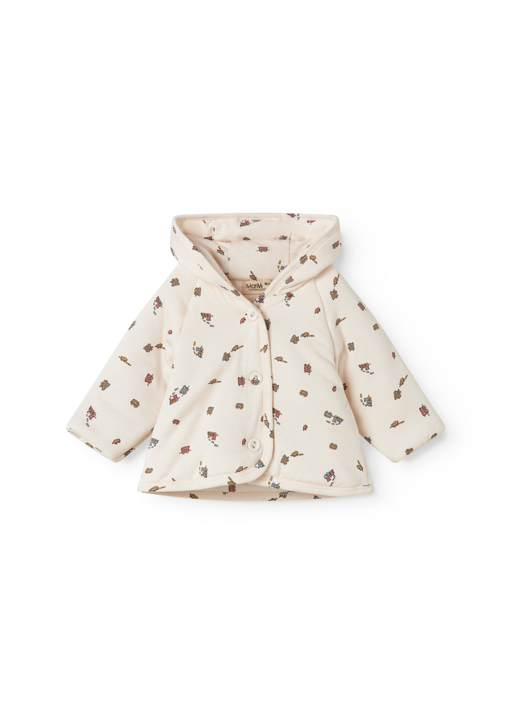 Vatteret jakke til nyfødt og baby med hætte, knaplukning og togmønster