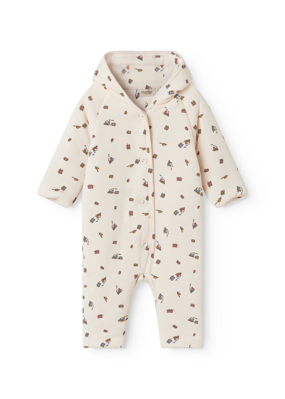 Vatteret heldragt til nyfødt med hætte, knaplukning og togmønster