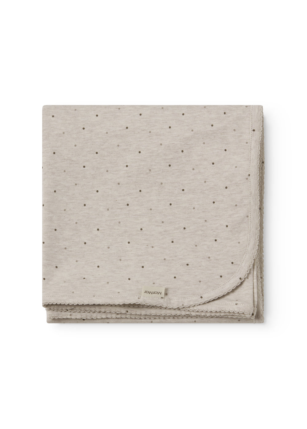 Beige baby tæppe med rundede hjørner, picotkanter og fint print