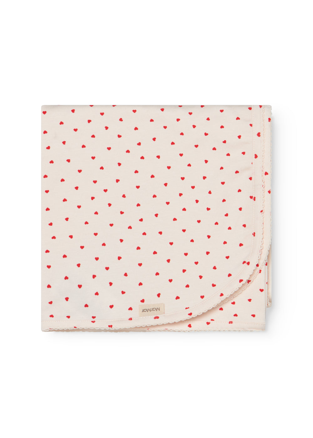 Baby tæppe med rundede hjørner, picotkanter og fint hjerte print