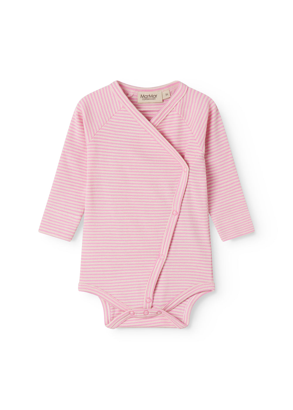 Langærmet baby bodystocking med lyserøde striber og slå-om-lukning
