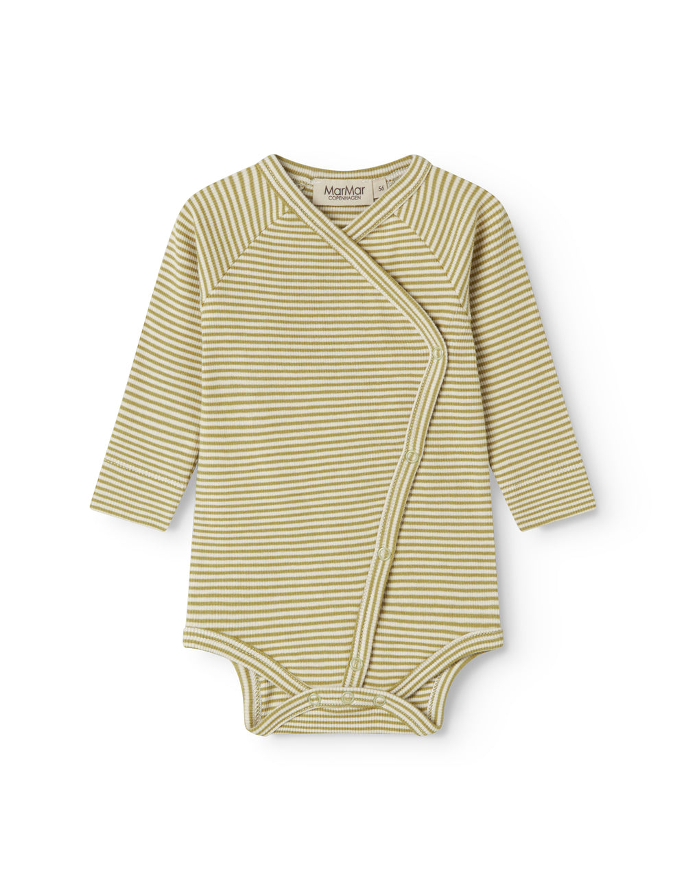 Langærmet baby bodystocking med grønne striber og slå-om-lukning