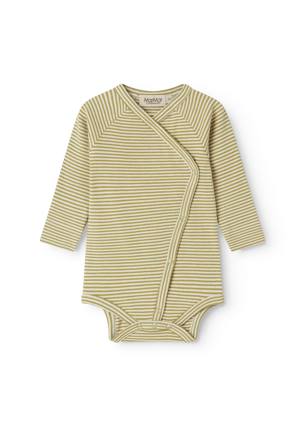 Langærmet baby bodystocking med grønne striber og slå-om-lukning