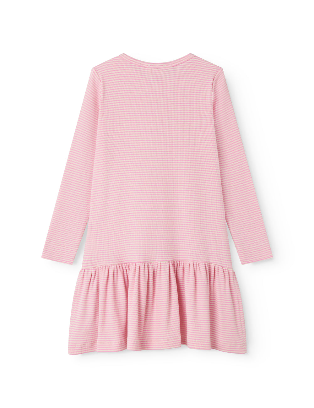 Lyserød stribet børnekjole med lange ærmer og skørt