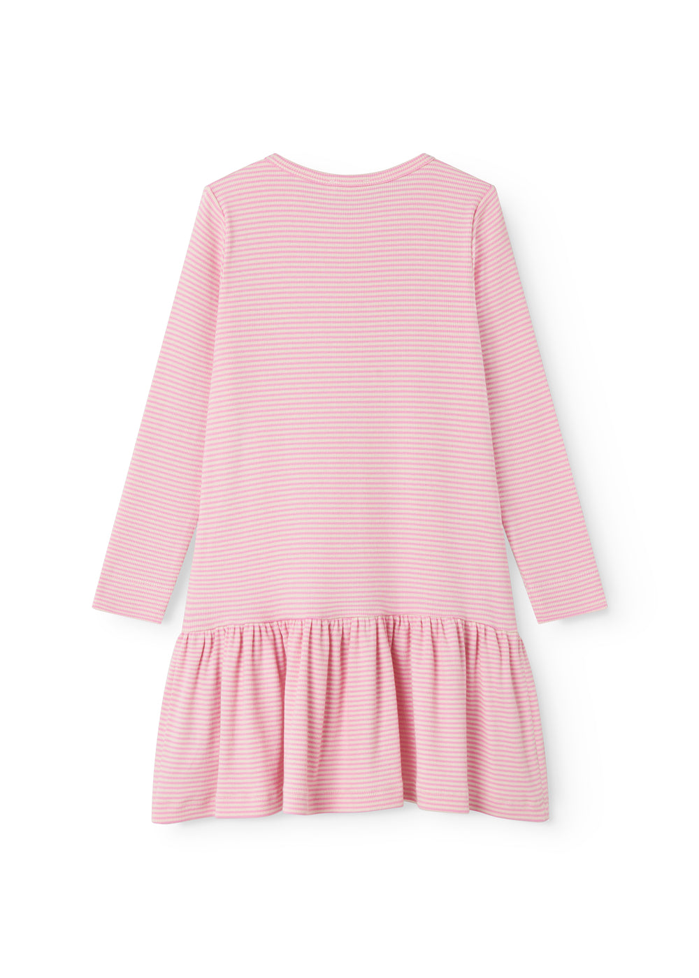 Lyserød stribet børnekjole med lange ærmer og skørt