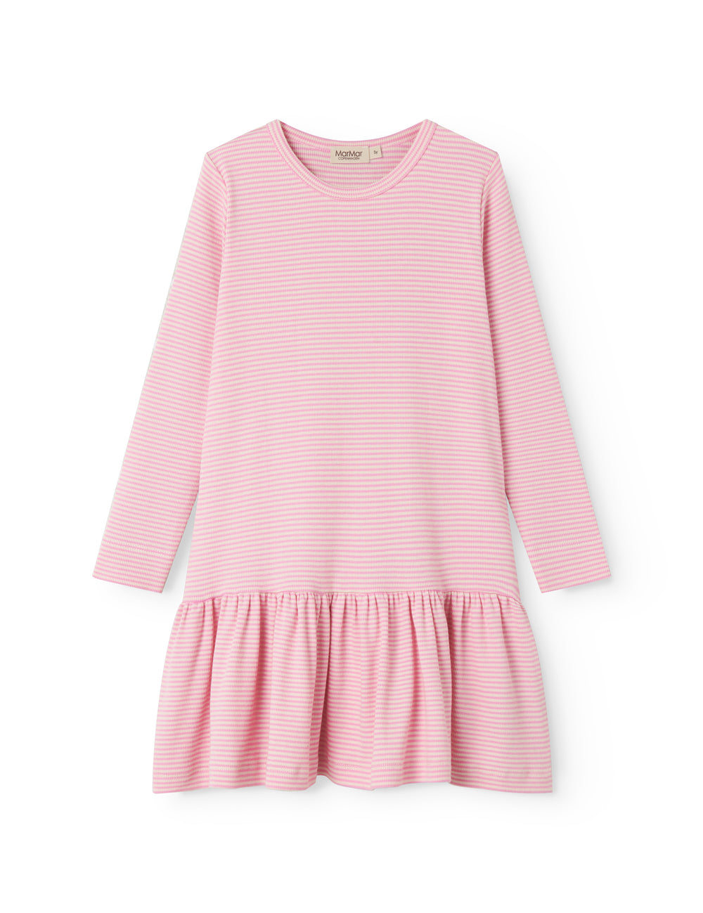 Lyserød stribet børnekjole med lange ærmer og skørt