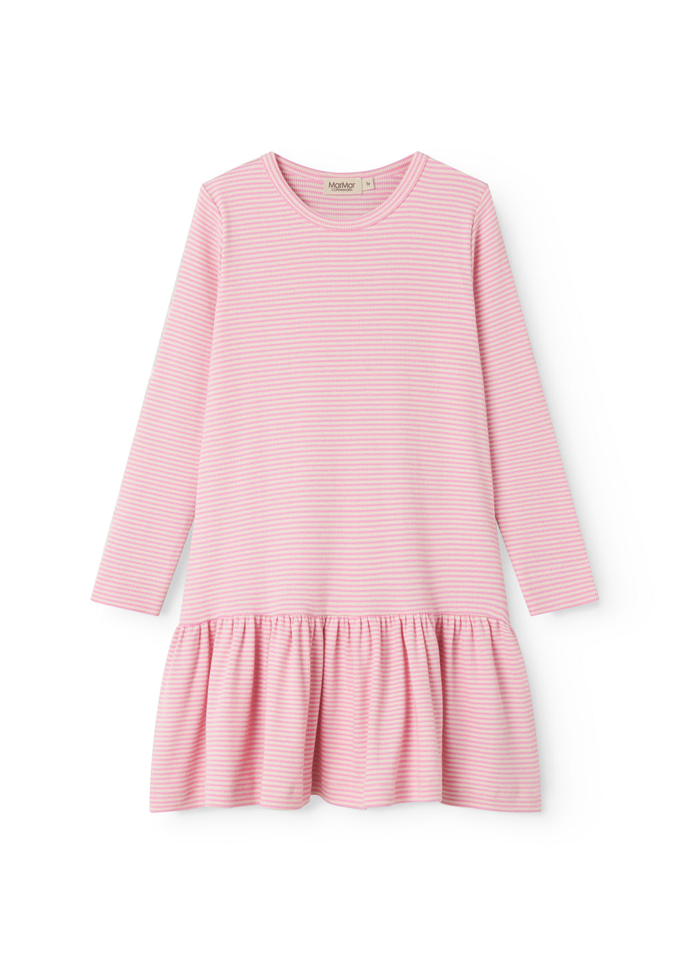 Lyserød stribet børnekjole med lange ærmer og skørt