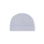Lyseblå hue til nyfødt med kant der kan foldes ned eller op