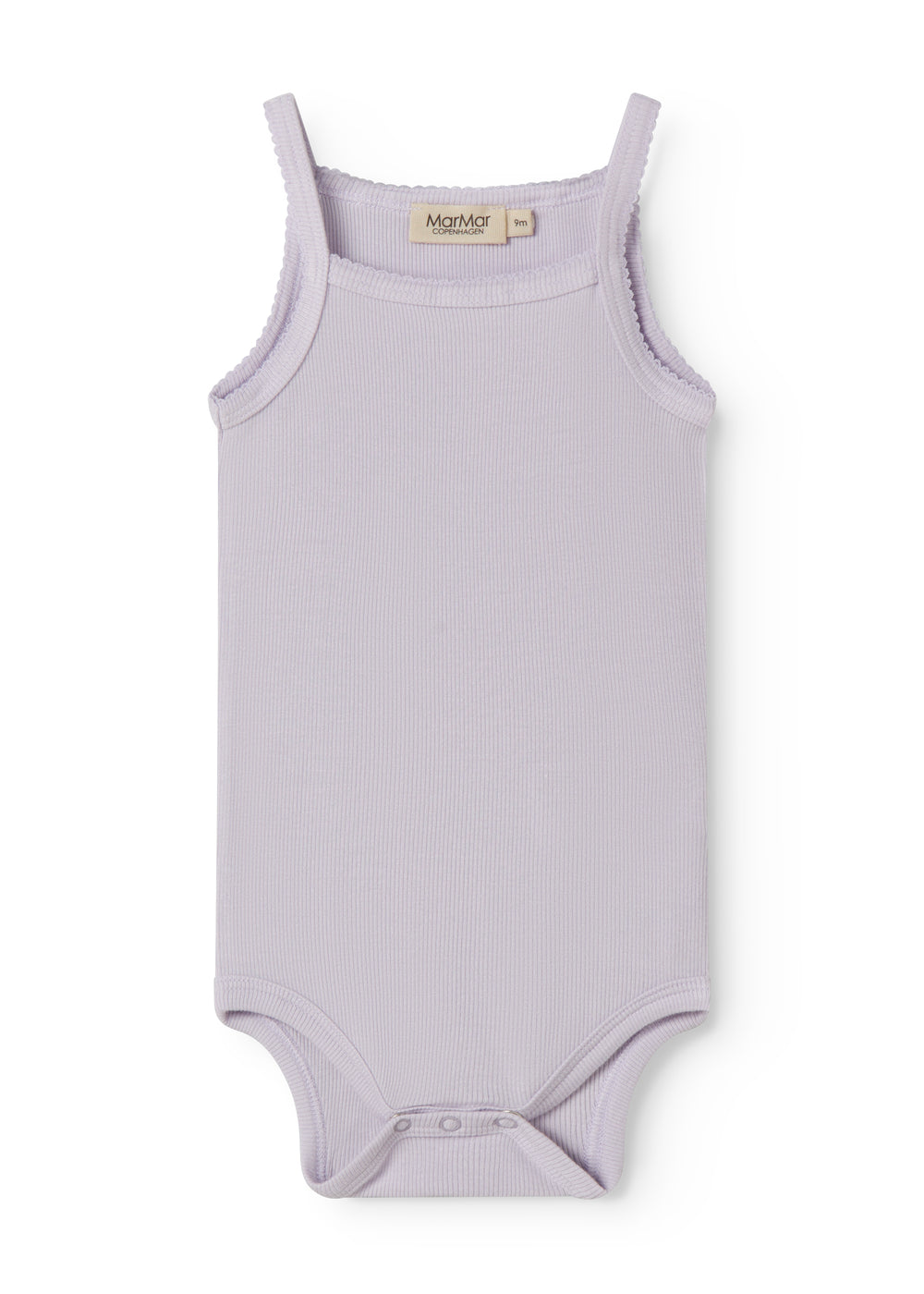 Lys lilla baby bodystocking med stropper og picotkanter.