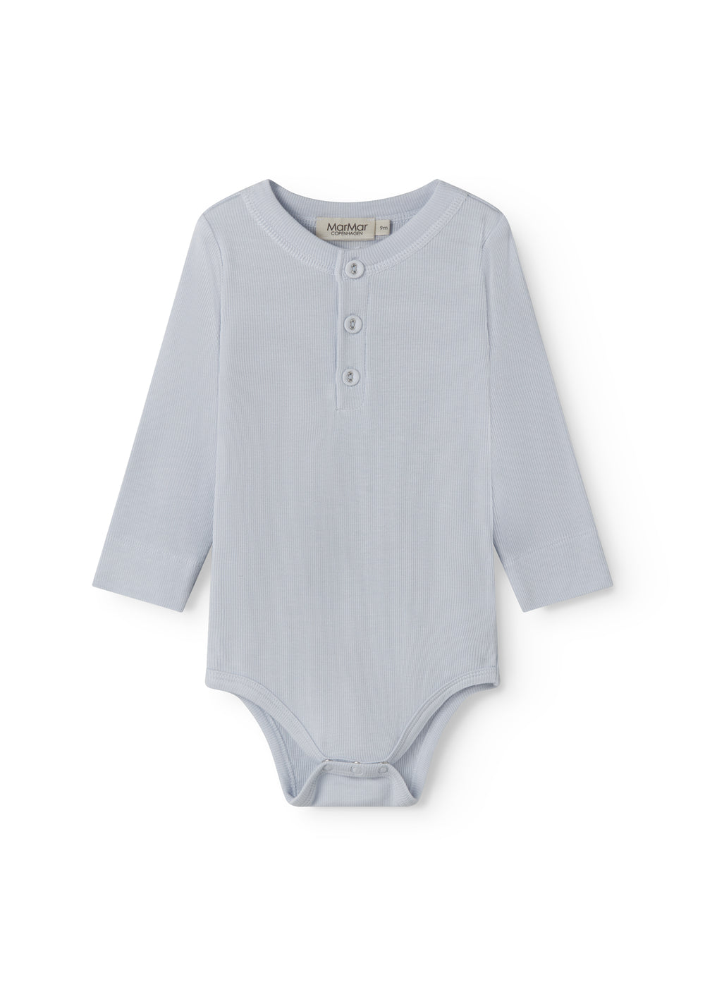 Langærmet lyseblå baby bodystocking med stolpe knaplukning foran