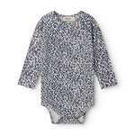 Blå langærmet leopard baby bodystocking