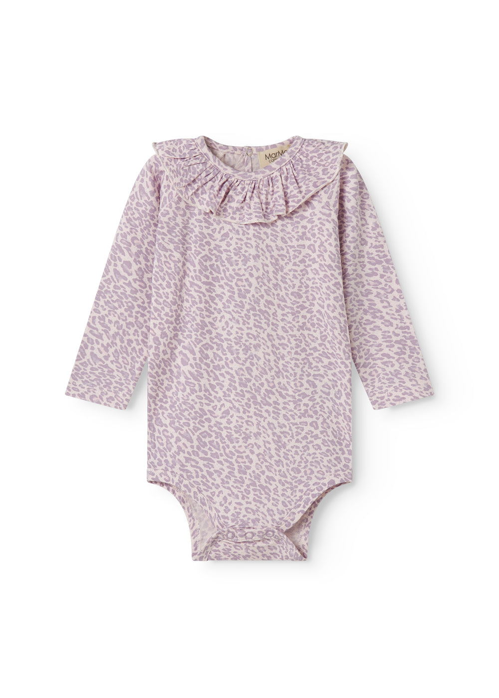 Lilla langærmet leopard baby bodystocking med flæsekrave