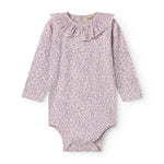 Lilla langærmet leopard baby bodystocking med flæsekrave