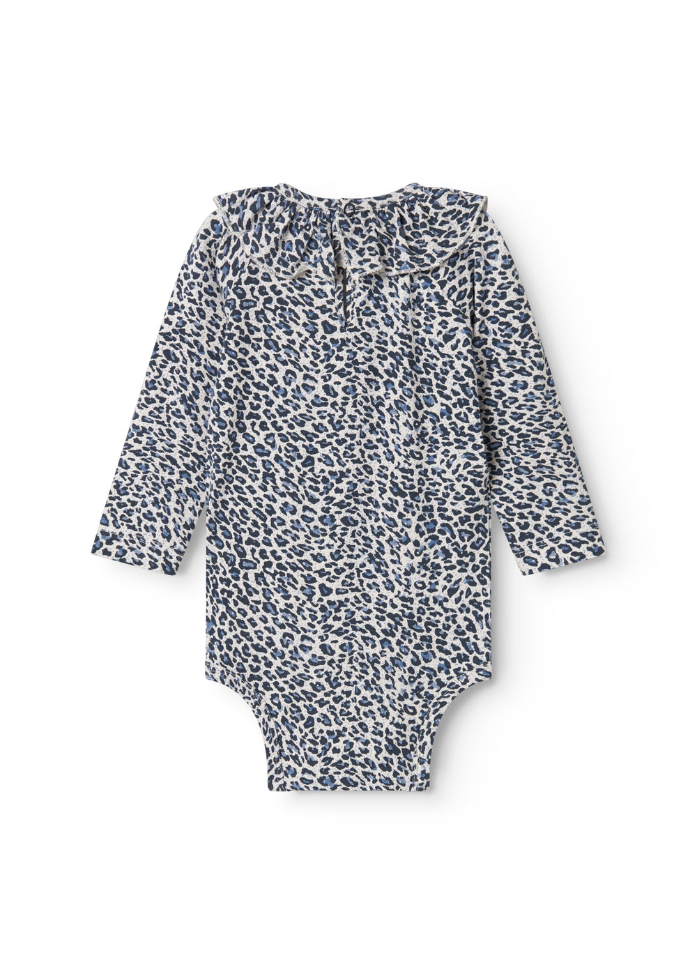 Blå langærmet leopard baby bodystocking med flæsekrave