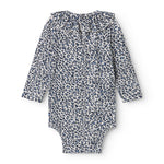 Blå langærmet leopard baby bodystocking med flæsekrave
