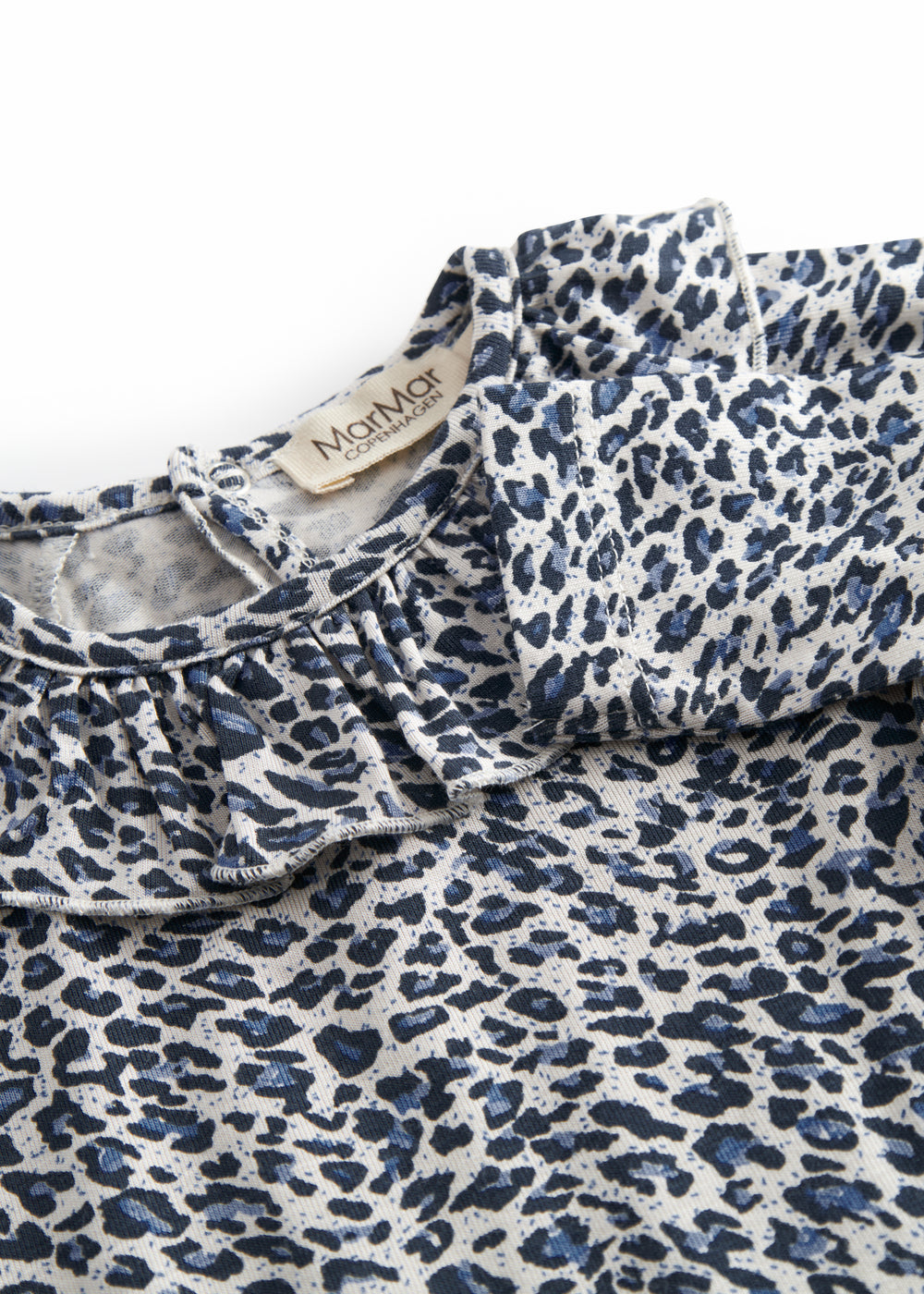 Blå langærmet leopard baby bodystocking med flæsekrave