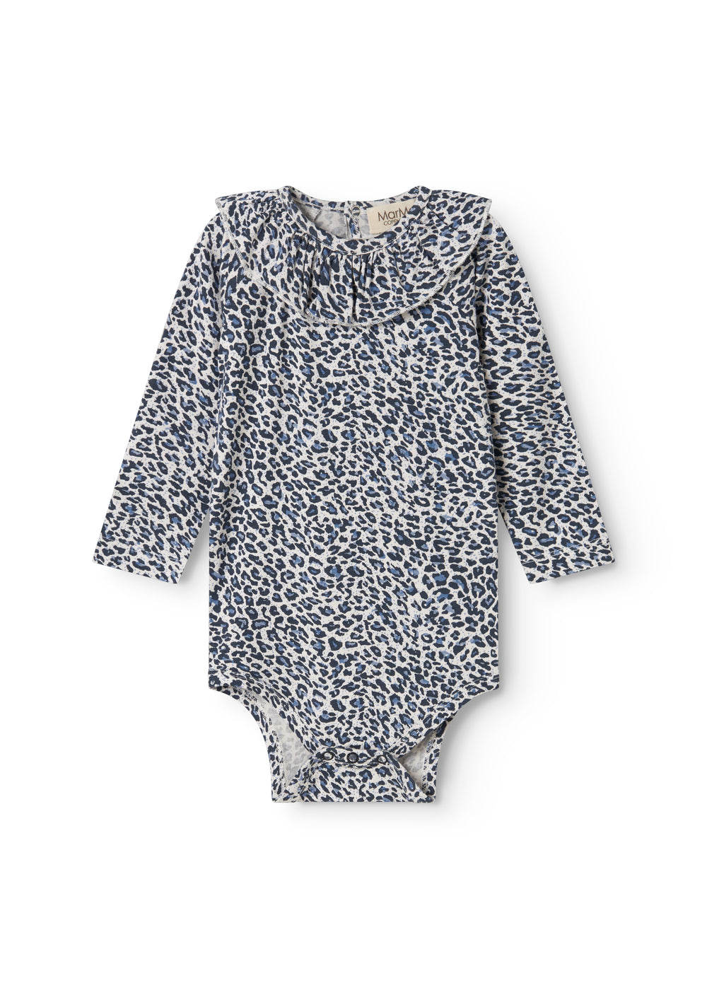 Blå langærmet leopard baby bodystocking med flæsekrave