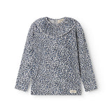 Langærmet blå leopard t-shirt til børn med flæsekrave