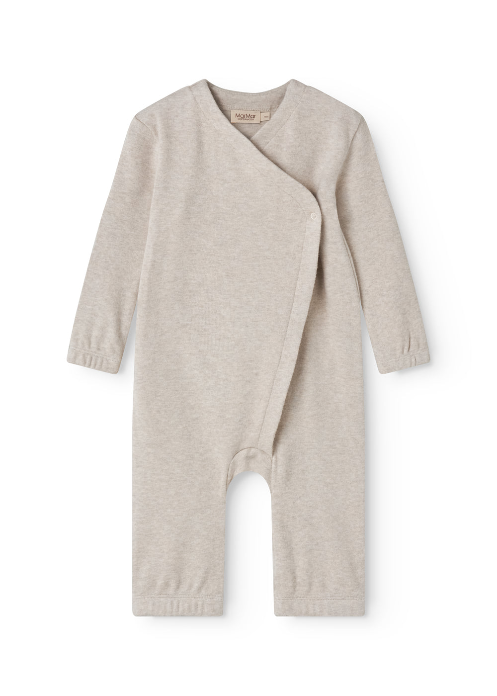 langærmet beige sweat heldragt til baby med skrå trykknaplukning