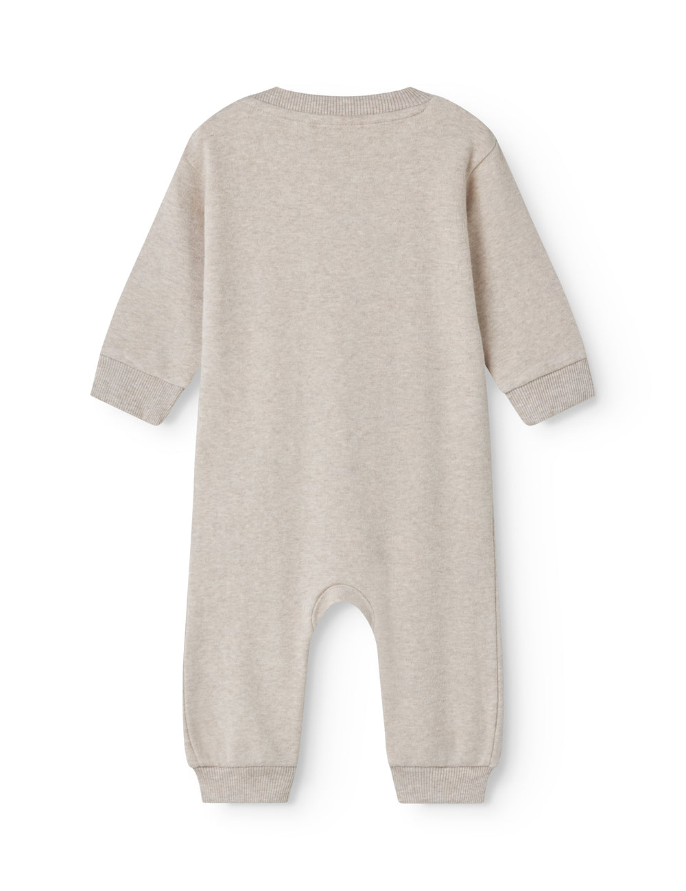 langærmet beige baby heldragt med rib i hals, ærmer og ben.