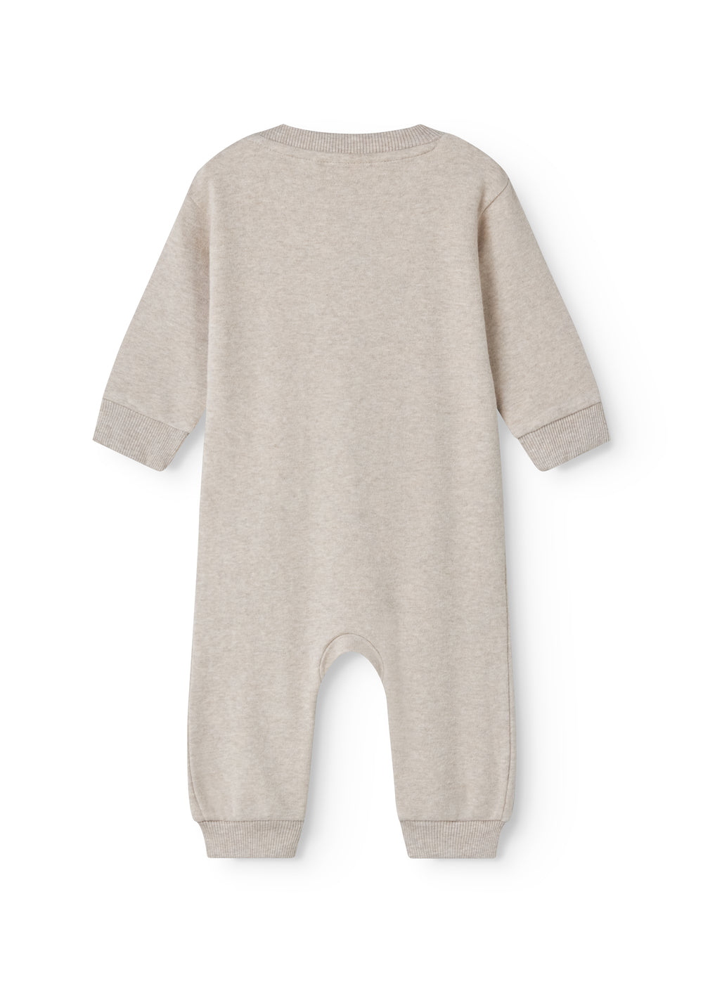 langærmet beige baby heldragt med rib i hals, ærmer og ben.