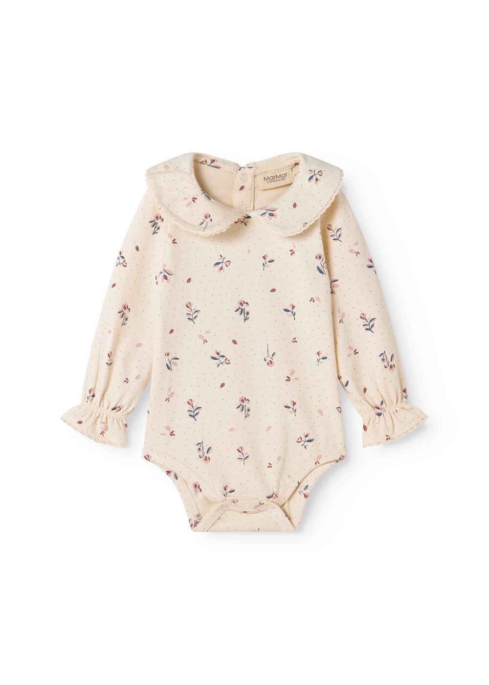 Langærmet baby bodystocking med blomstrprint og krave