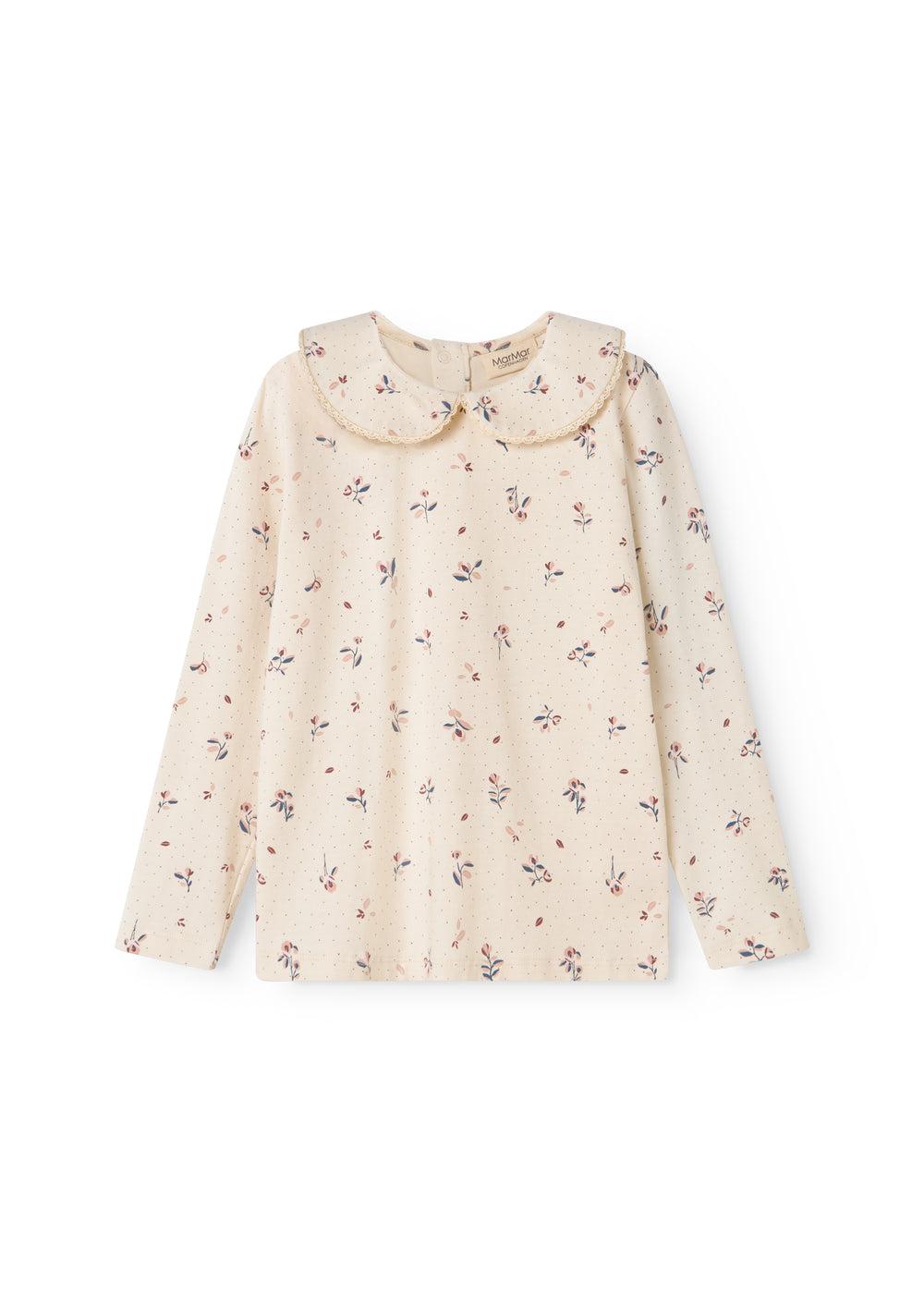 Langærmet T-shirt til børn med blomster print og krave med picotkanter