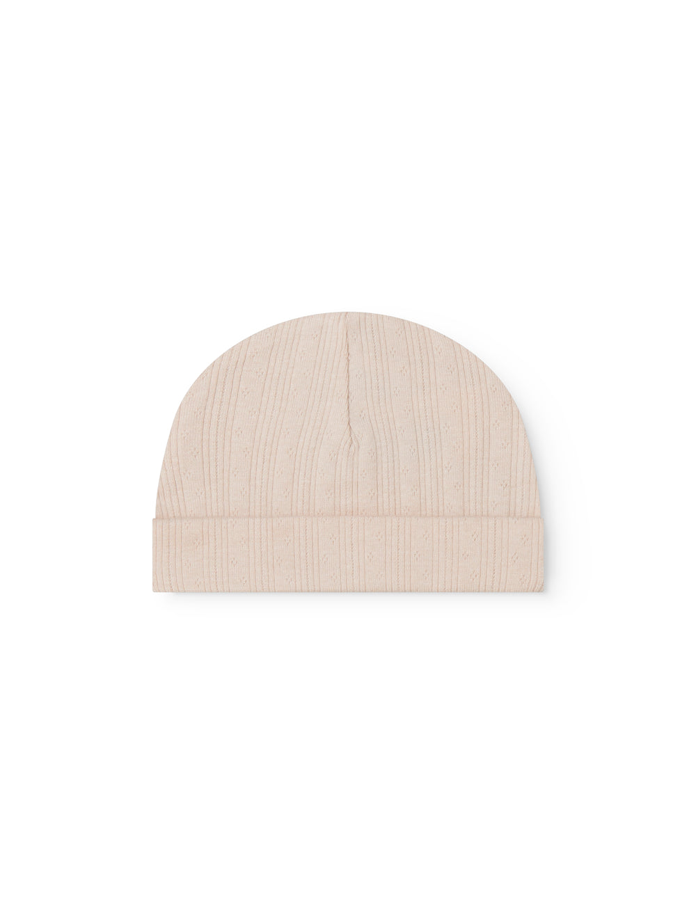 Ribstrikket babyhue i lyserød med ombukket kant