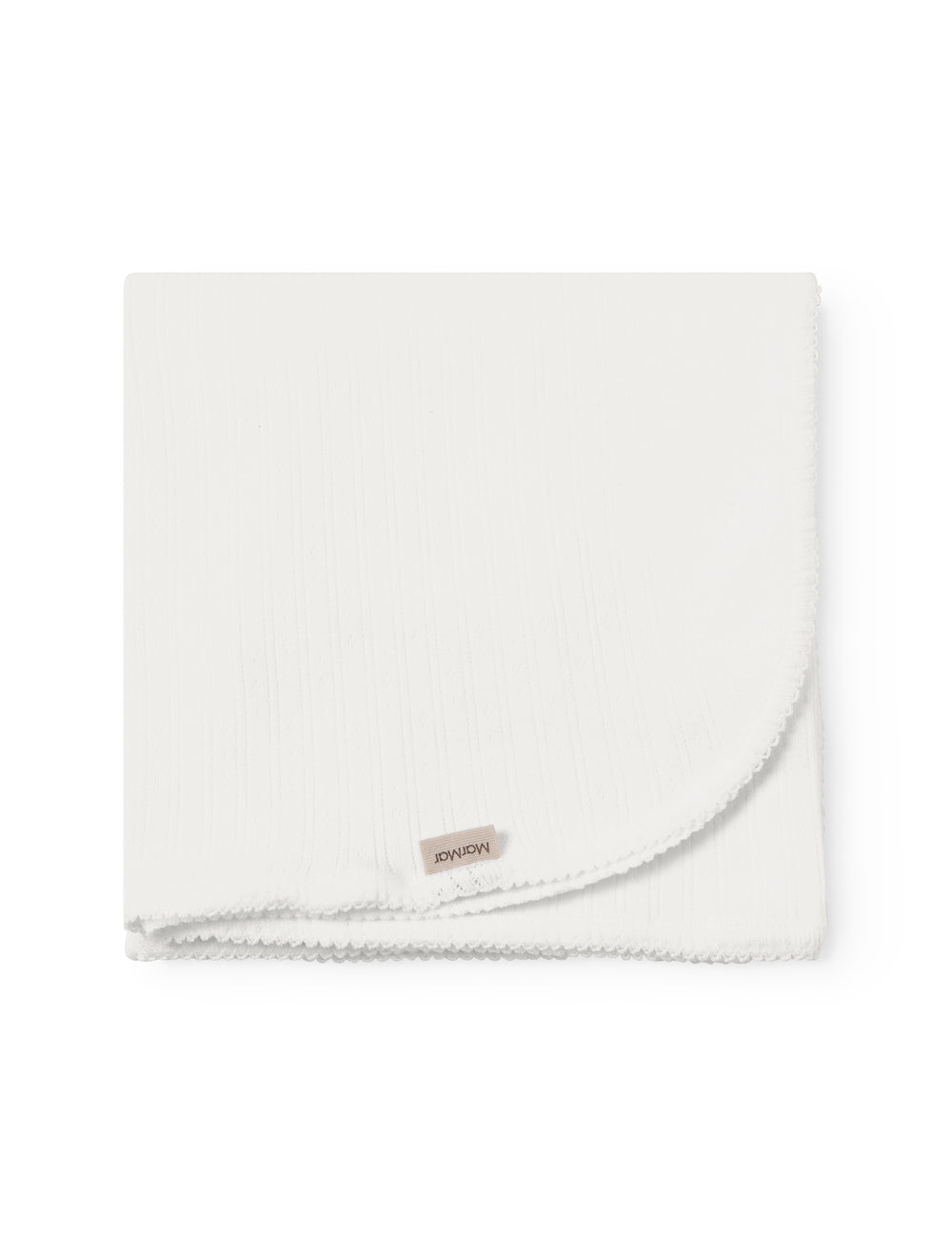 Hvid pointelle babytæppe med rundede hjørner og picotkanter