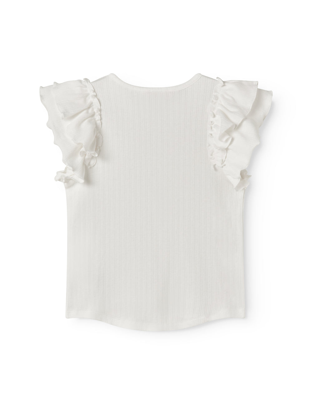 Kortærmet hvid pointelle t-shirt til børn med flæser på ærmerne