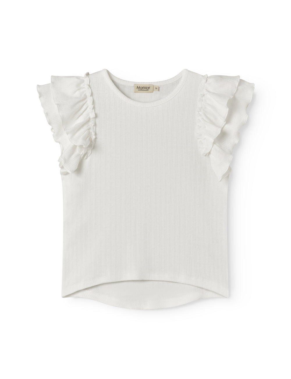 Kortærmet hvid pointelle t-shirt til børn med flæser på ærmerne