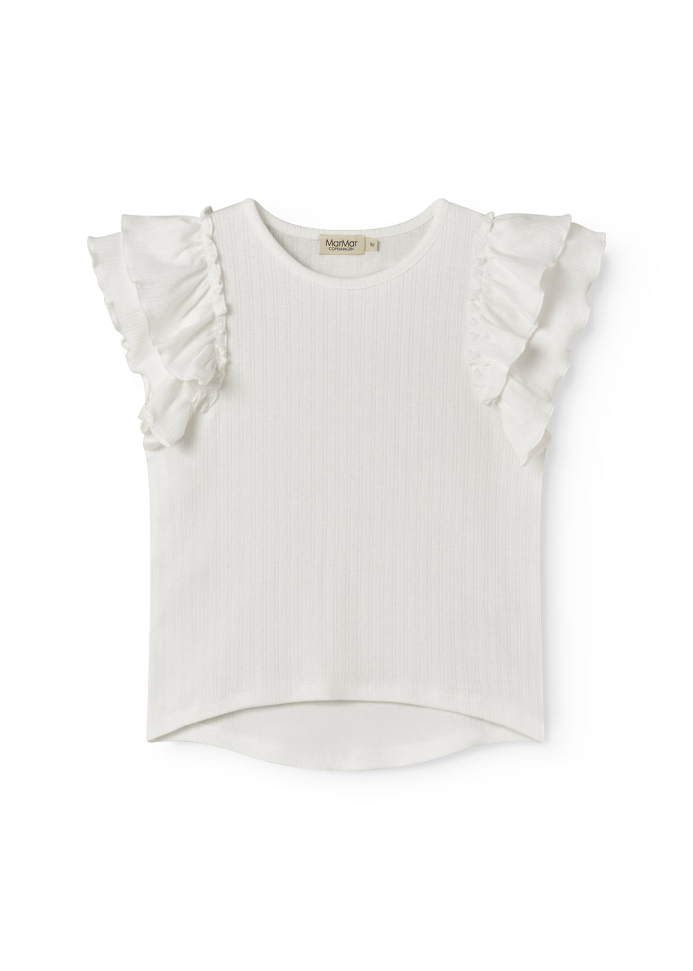 Kortærmet hvid pointelle t-shirt til børn med flæser på ærmerne