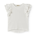 Kortærmet hvid pointelle t-shirt til børn med flæser på ærmerne