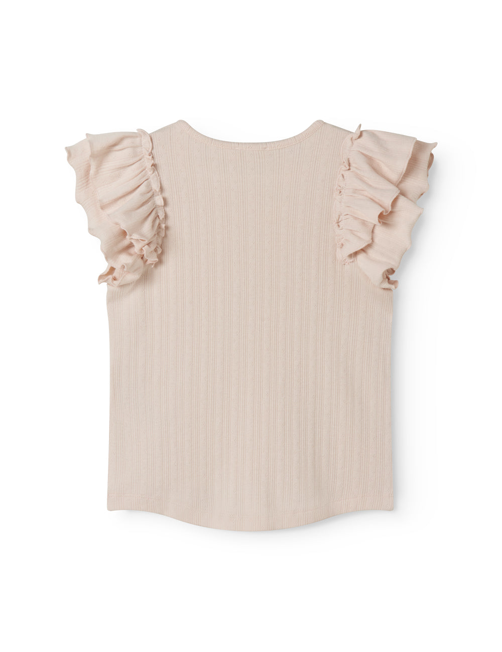 Kortærmet lyserød pointelle t-shirt til børn med flæser på ærmerne