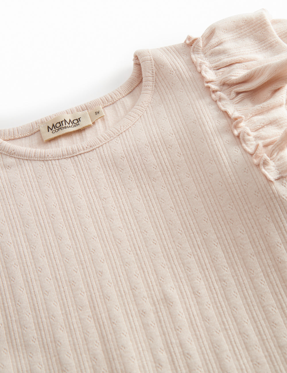 Kortærmet lyserød pointelle t-shirt til børn med flæser på ærmerne