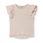 Kortærmet lyserød pointelle t-shirt til børn med flæser på ærmerne