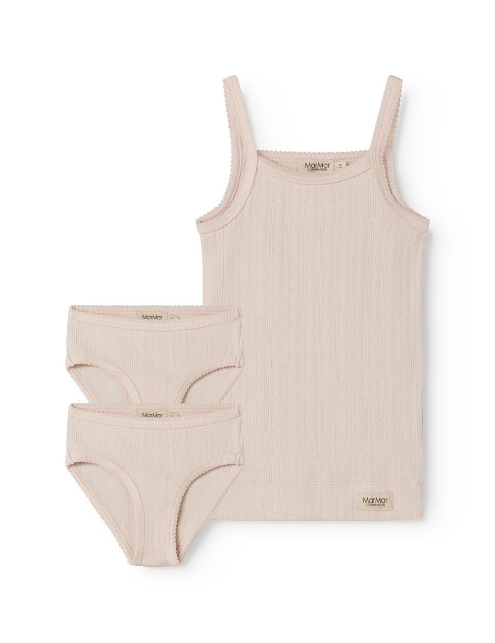 Lyserød undertrøje til børn med pointelle detaljer og tynde stroppe og 2 par underbukser