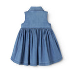Blå baby denimkjole uden ærmer med krave, knapper og lommer