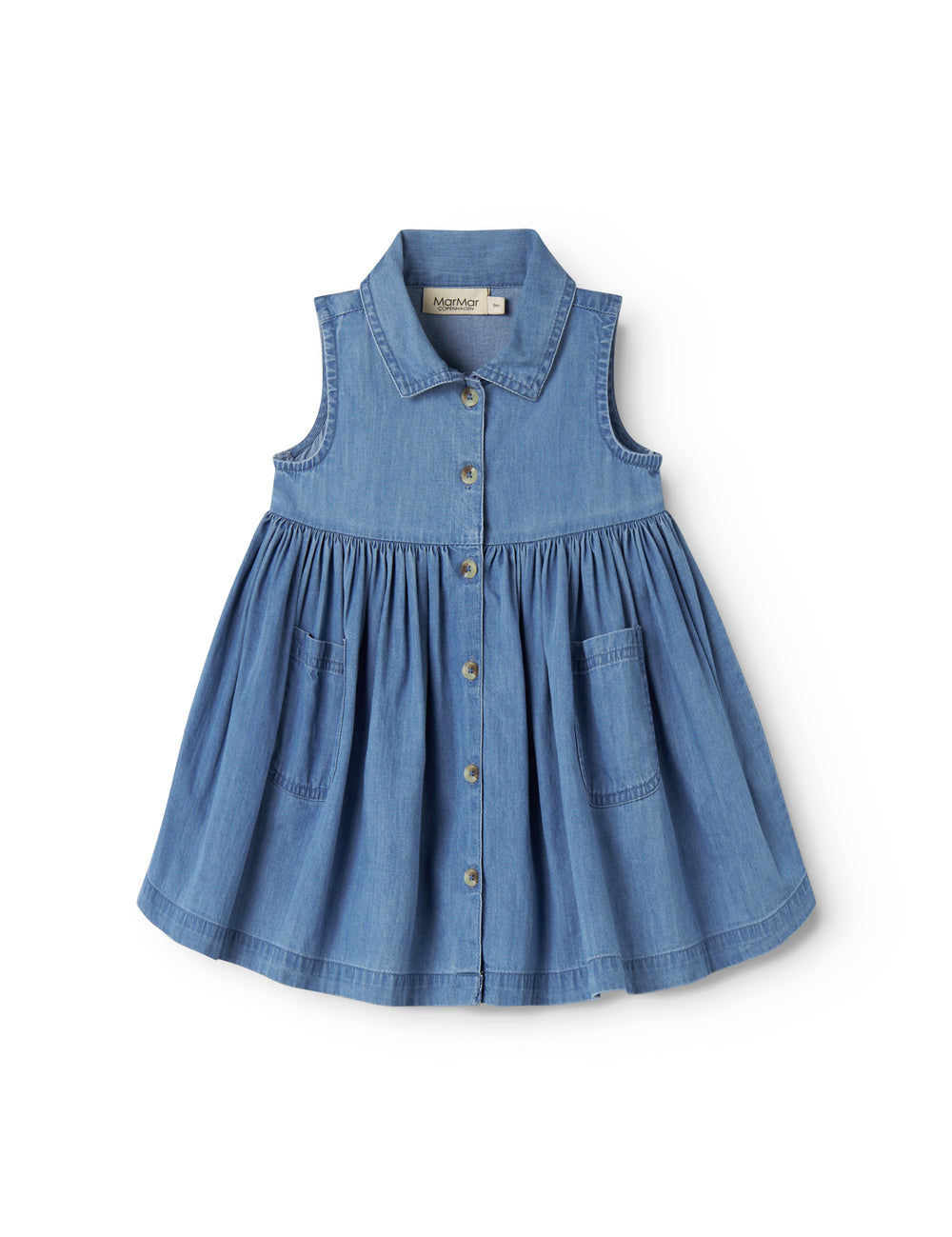 Blå baby denimkjole uden ærmer med krave, knapper og lommer