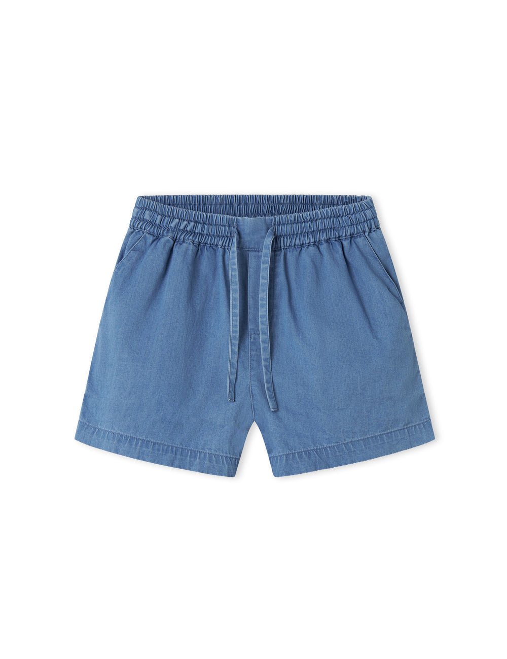 Denimshorts til børn med sidelommer og elastik i livet med bindebånd