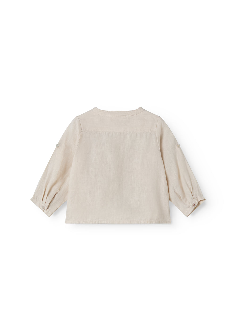 Langærmet beige baby skjorte med kinakrave og knaplukning foran