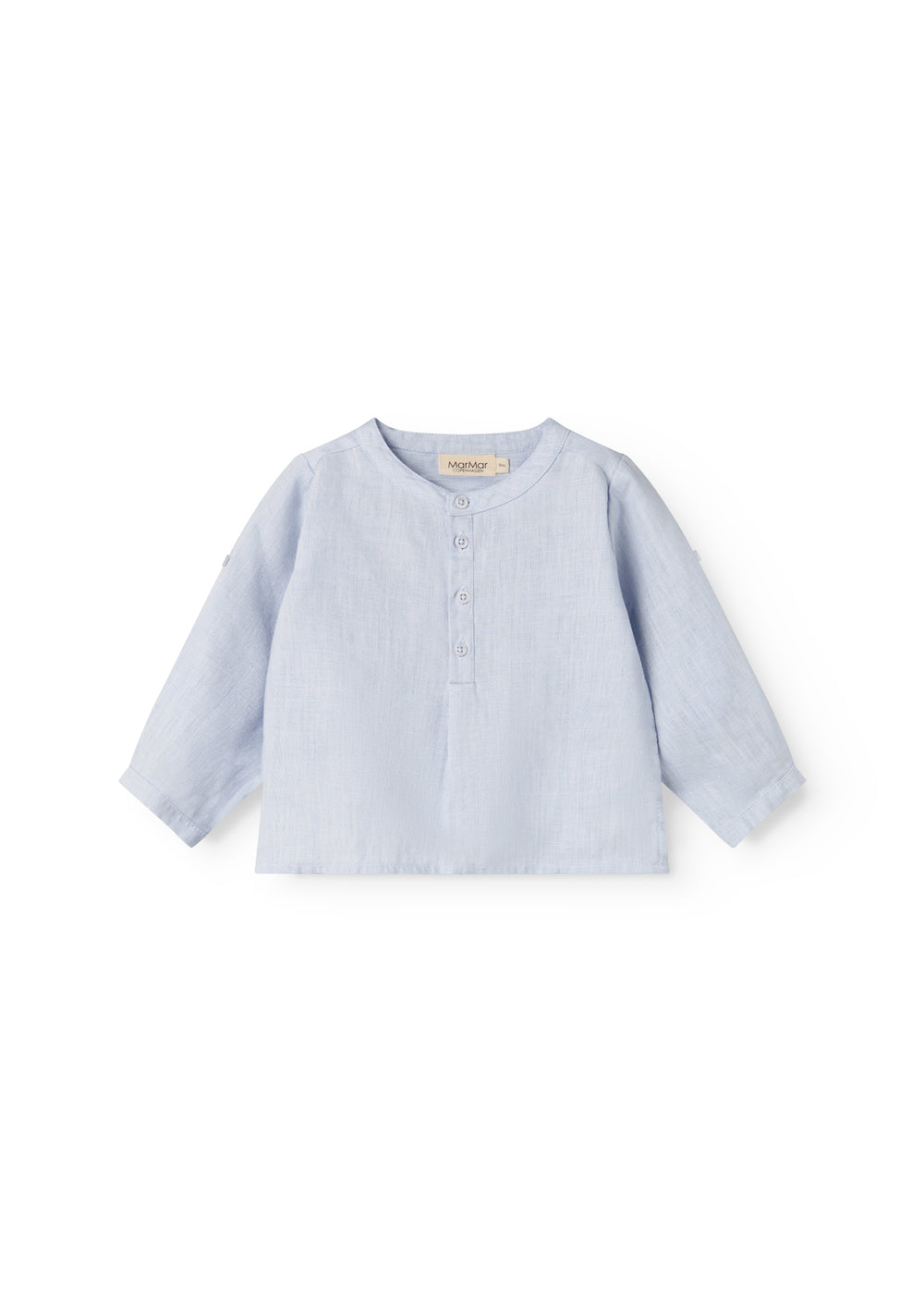 Langærmet lyseblå baby skjorte med kinakrave og knaplukning foran