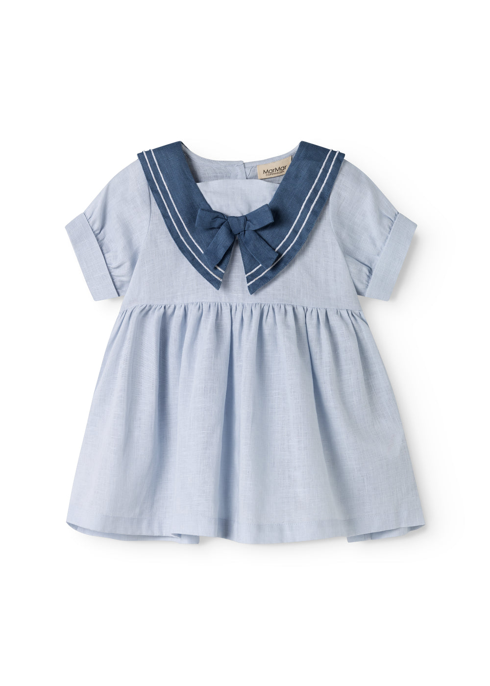 Kortærmet kjole med fin matroskrave og sløjfe foran