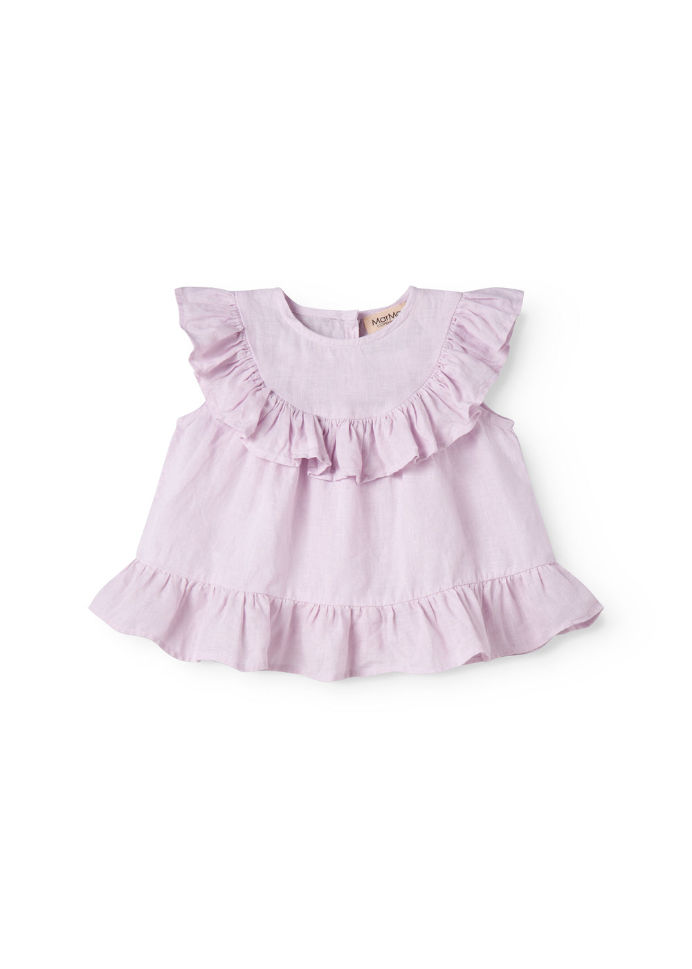 Ærmeløs lys lilla top til baby med flæsedetaljer