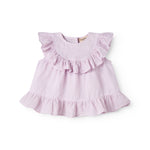 Ærmeløs lys lilla top til baby med flæsedetaljer